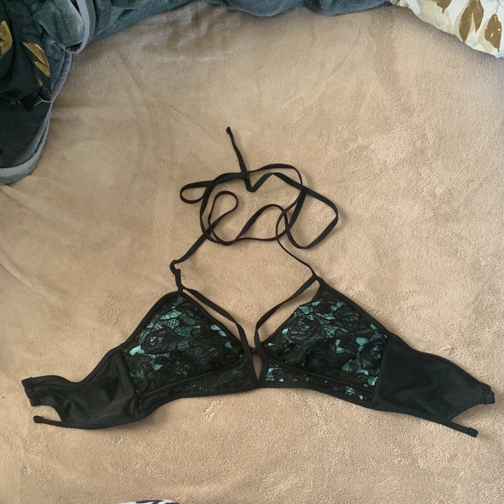 Lace black and teal stringy bikini top
